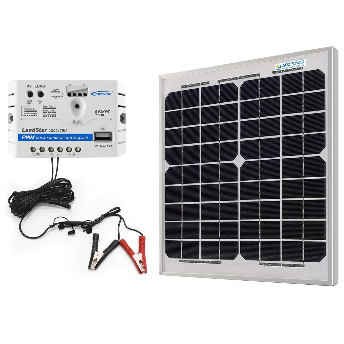 10W 12V Solar Charger Kit, 5A Charge Controller with Alligator Clips by ACOPOWER