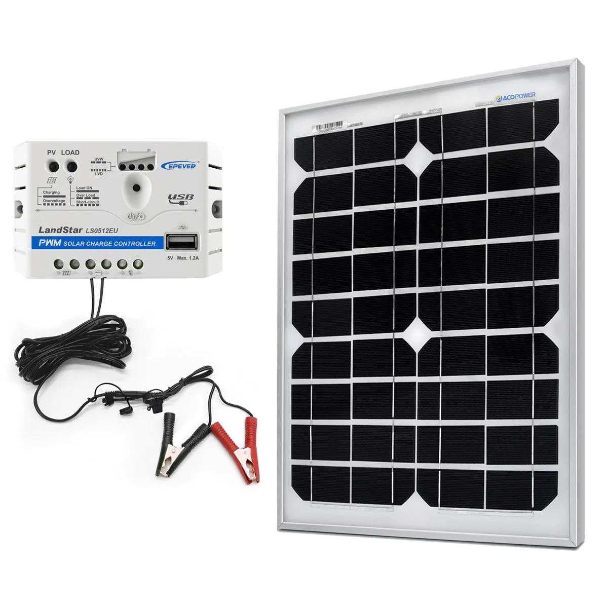 20W 12V Solar Charger Kit, 5A Charge Controller with Alligator Clips by ACOPOWER