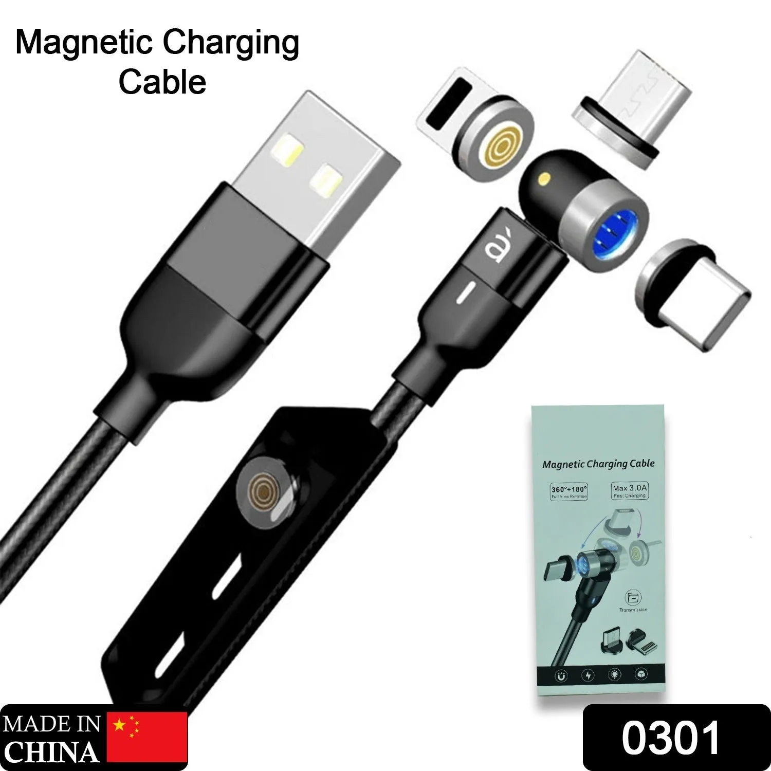 3 in 1 Magnetic USB Charging Cable | USB-c Android and Lightning with Extra Protecting Nylon| Strong Magnetic Cable with Full Rotation Support Fast Charging