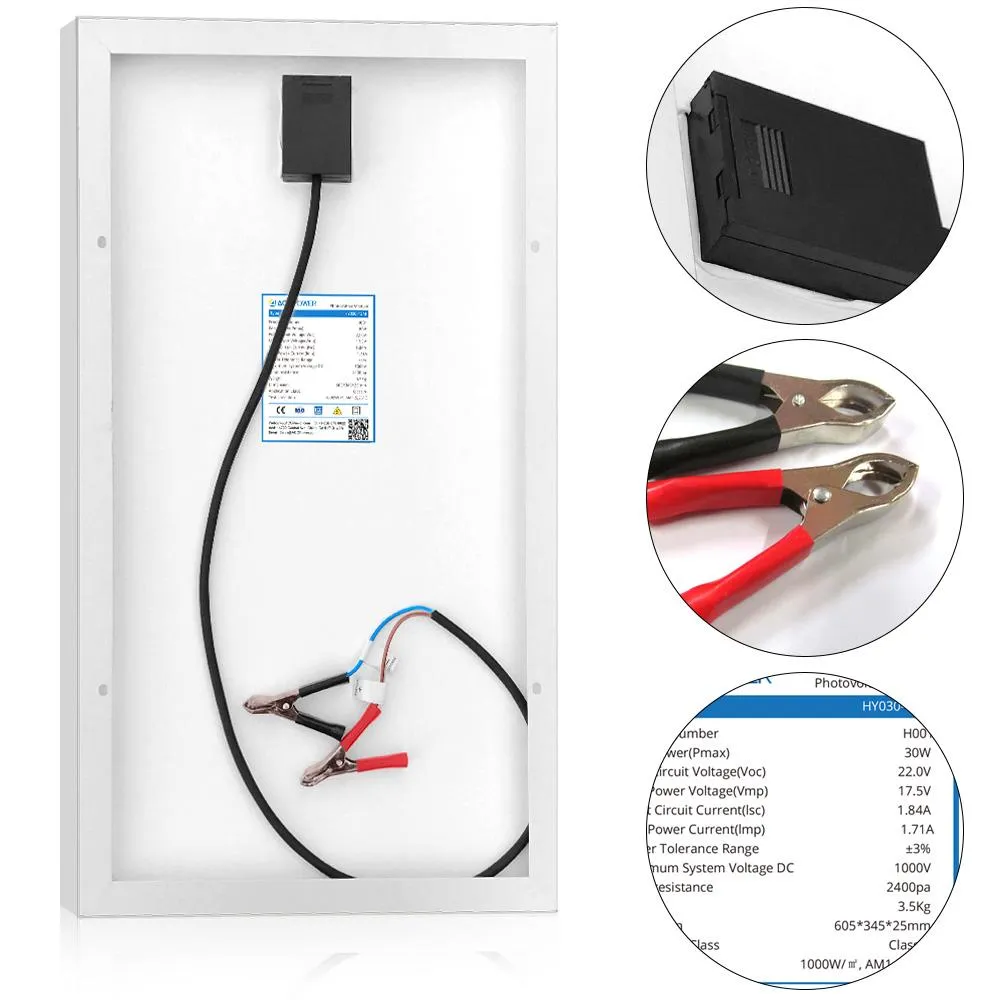 30W 12V Solar Charger Kit, 5A Charge Controller with Alligator Clips by ACOPOWER