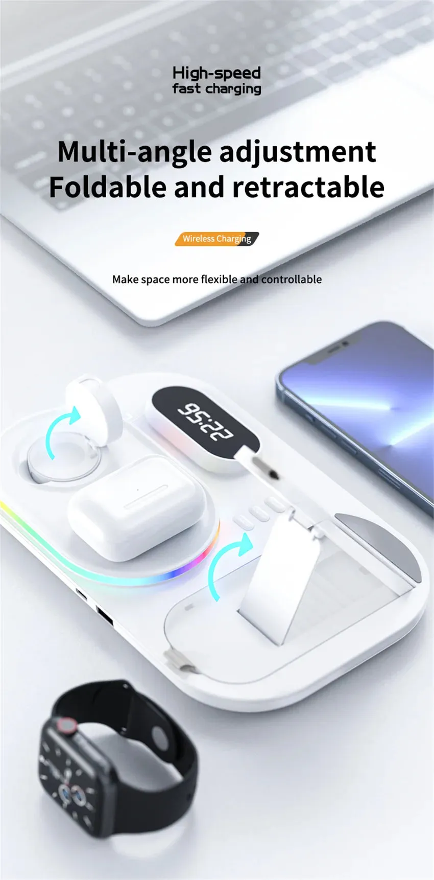 4 in 1 Wireless Charger Stand Light For iPhone 14 13 12 11 X Apple Watch Airpods Samsung Galaxy Watch Fast Charging Dock Station