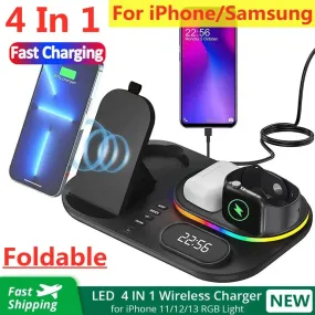 4 in 1 Wireless Charger Stand Light For iPhone 14 13 12 11 X Apple Watch Airpods Samsung Galaxy Watch Fast Charging Dock Station