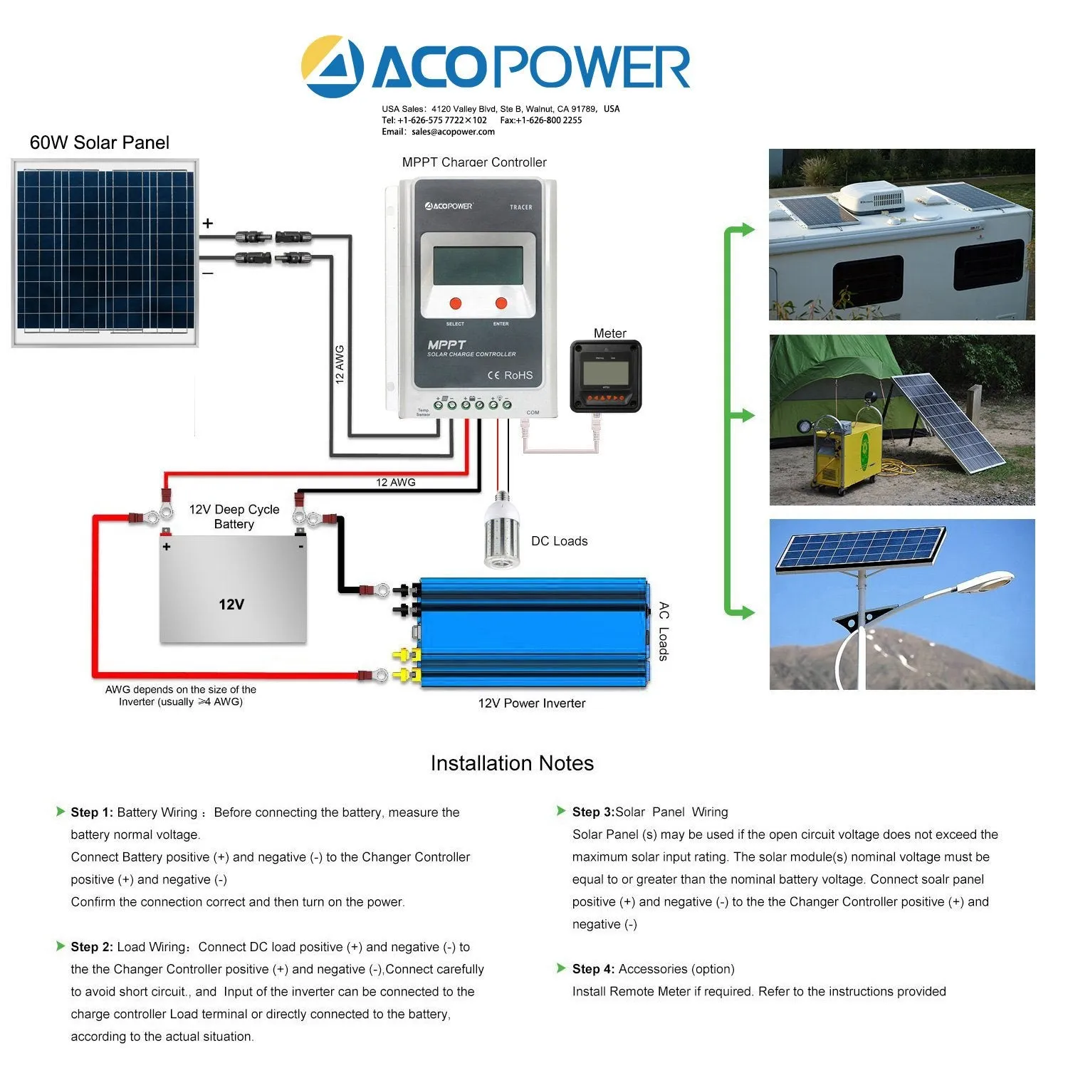 60W 12V Solar Charger Kit, 5A Charge Controller with Alligator Clips by ACOPOWER