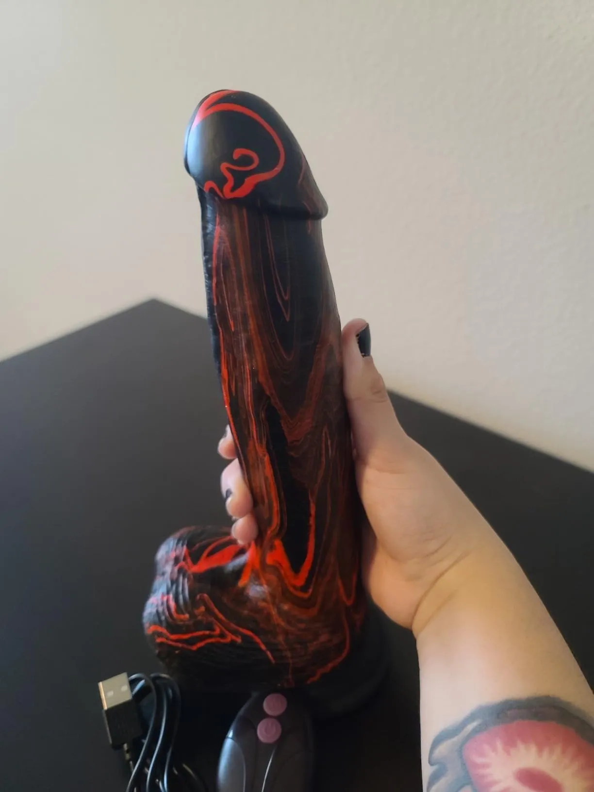 9.5” Black and Red Striped Thick Realistic Vibrating Thrusting Dildo