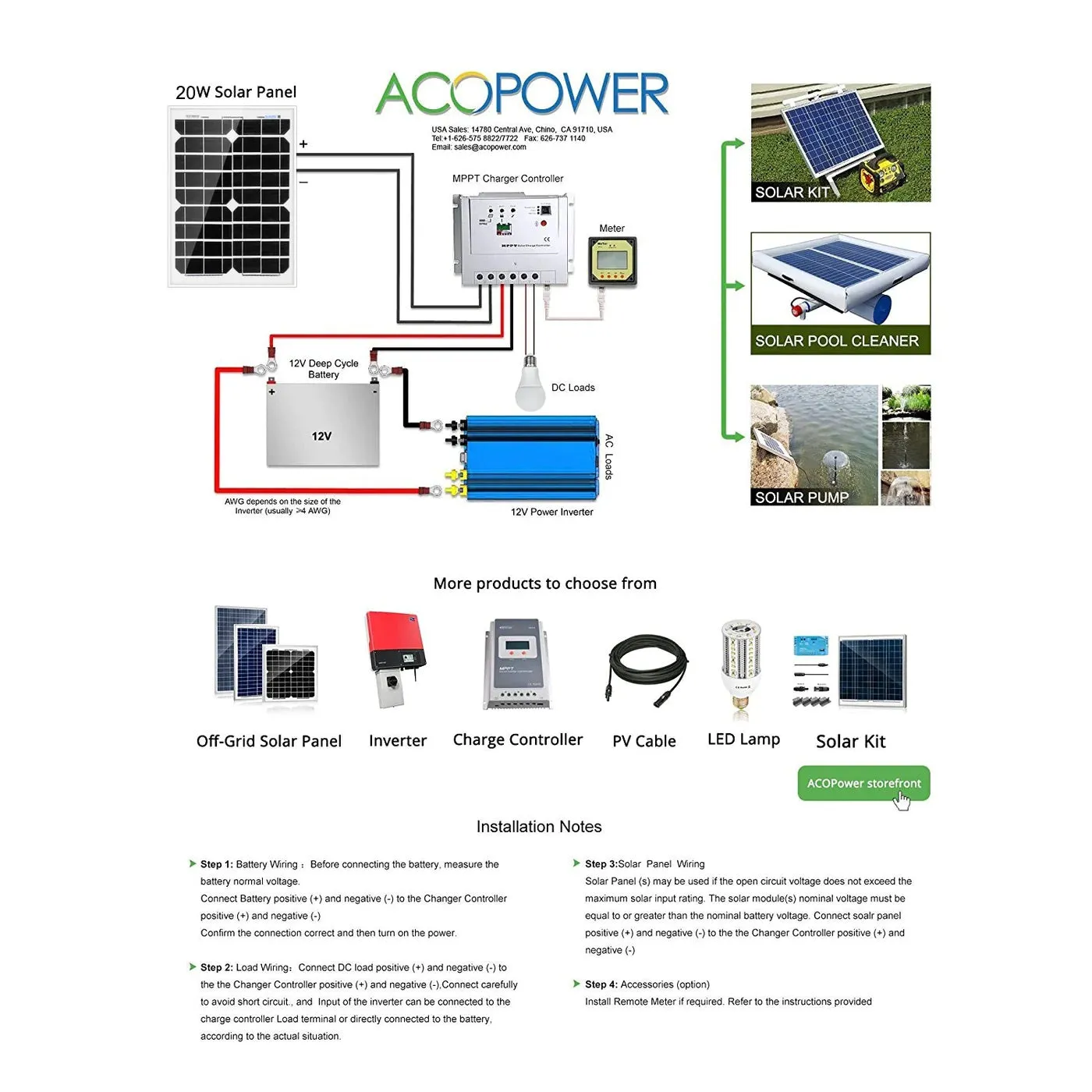 ACOPower 20 Watt Monocrystalline Solar Panel for Off Grid 12V Battery Charging