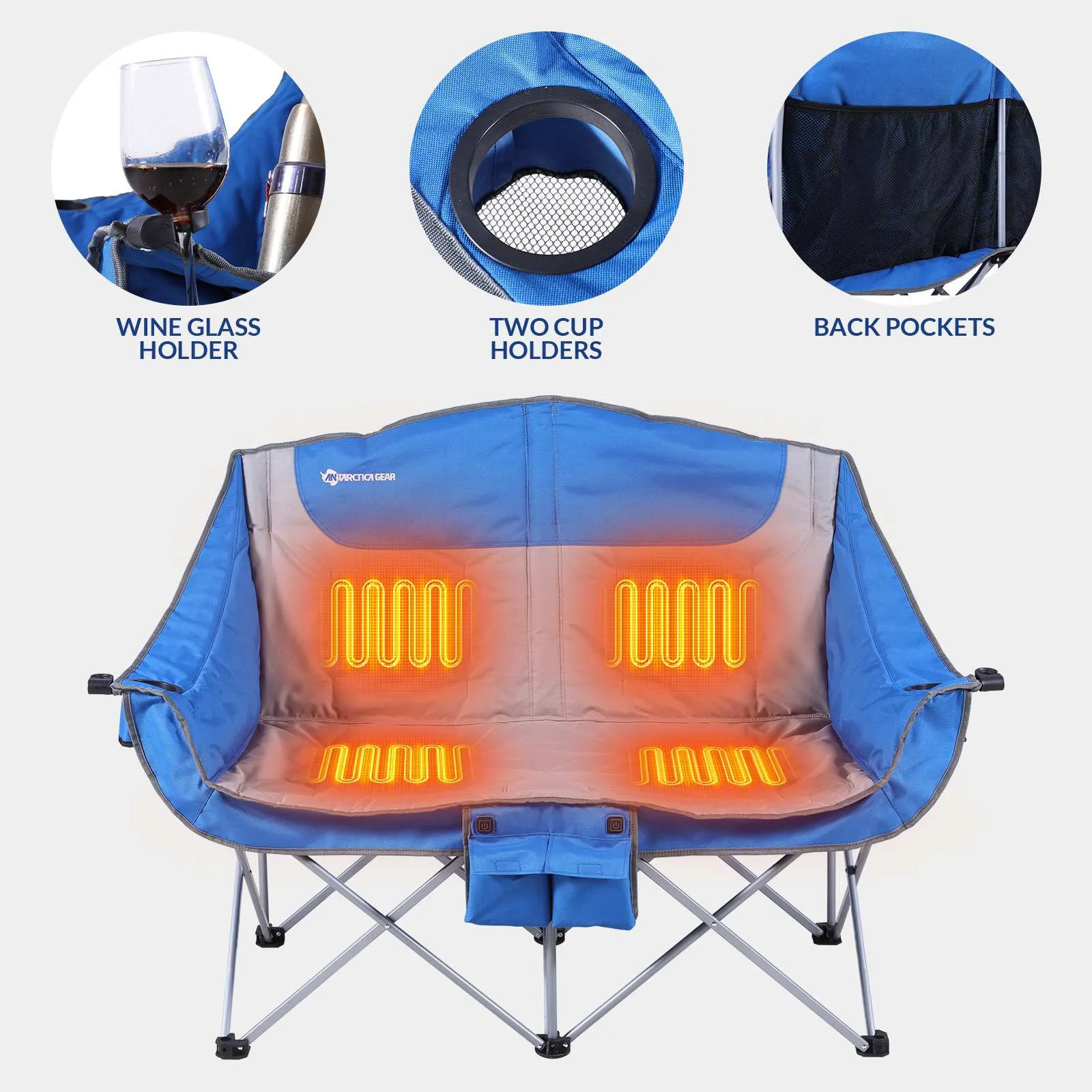 ANTARCTICA GEAR Heated Double Camping Chair, 2-Person Folding Chair Heated Portable Loveseat Chair