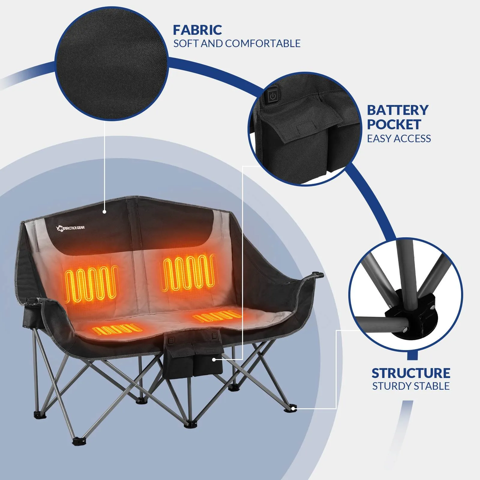 ANTARCTICA GEAR Heated Double Camping Chair, 2-Person Folding Chair Heated Portable Loveseat Chair