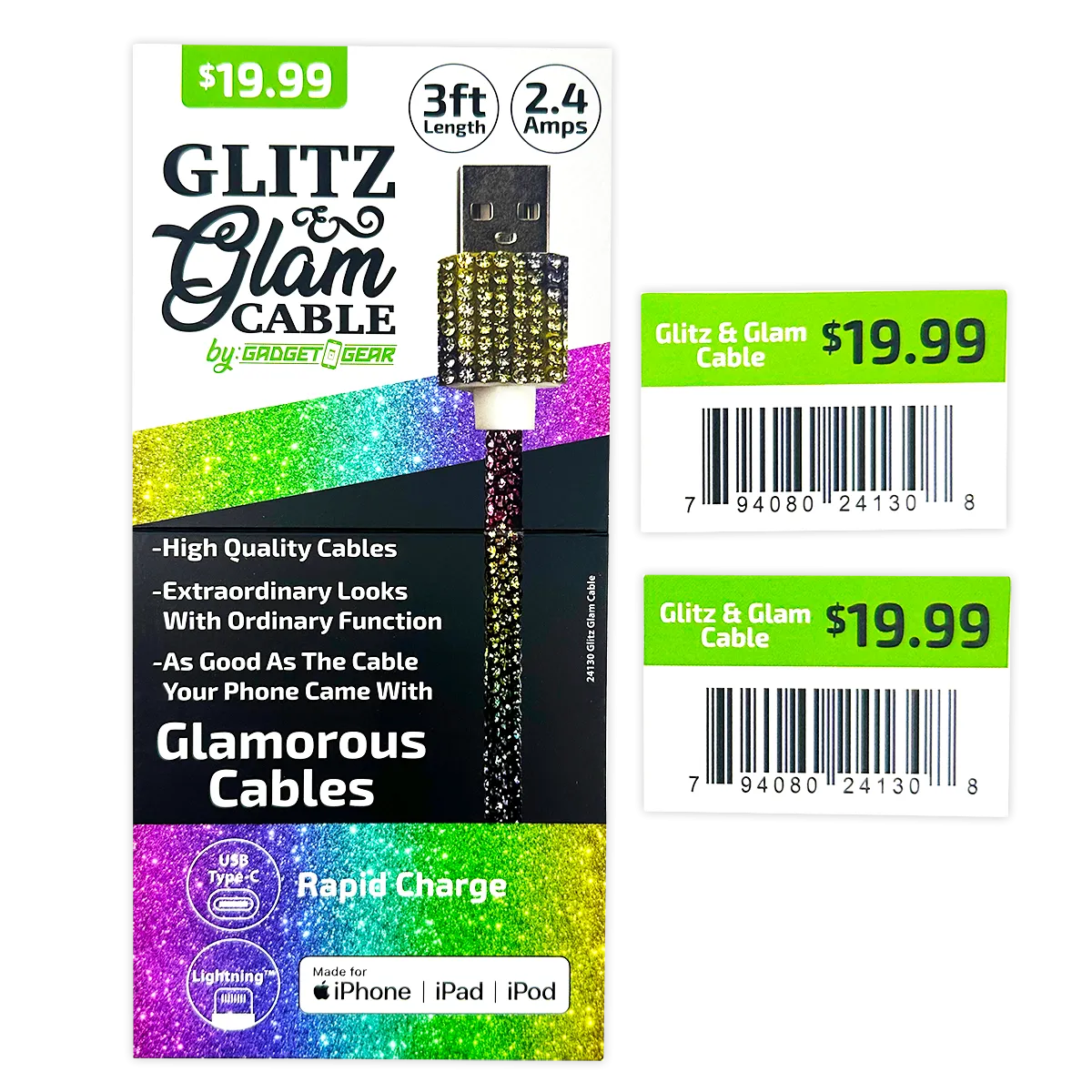 Charging Cable Glitz N Glam Assortment - 6 Pieces Per Retail Ready Display 24130