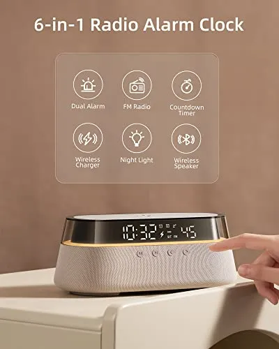 EZVALO 6 in 1 Digital Alarm Clock,Bedside Clock Radio with Fast Wireless Charging 15W, Bluetooth Speaker,Dual Alarm for Heavy Sleepers,FM Radio,12/24H&Snooze,USB Charger,Countdown Timer,RGB Mode