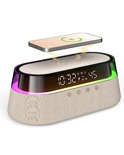 EZVALO 6 in 1 Digital Alarm Clock,Bedside Clock Radio with Fast Wireless Charging 15W, Bluetooth Speaker,Dual Alarm for Heavy Sleepers,FM Radio,12/24H&Snooze,USB Charger,Countdown Timer,RGB Mode