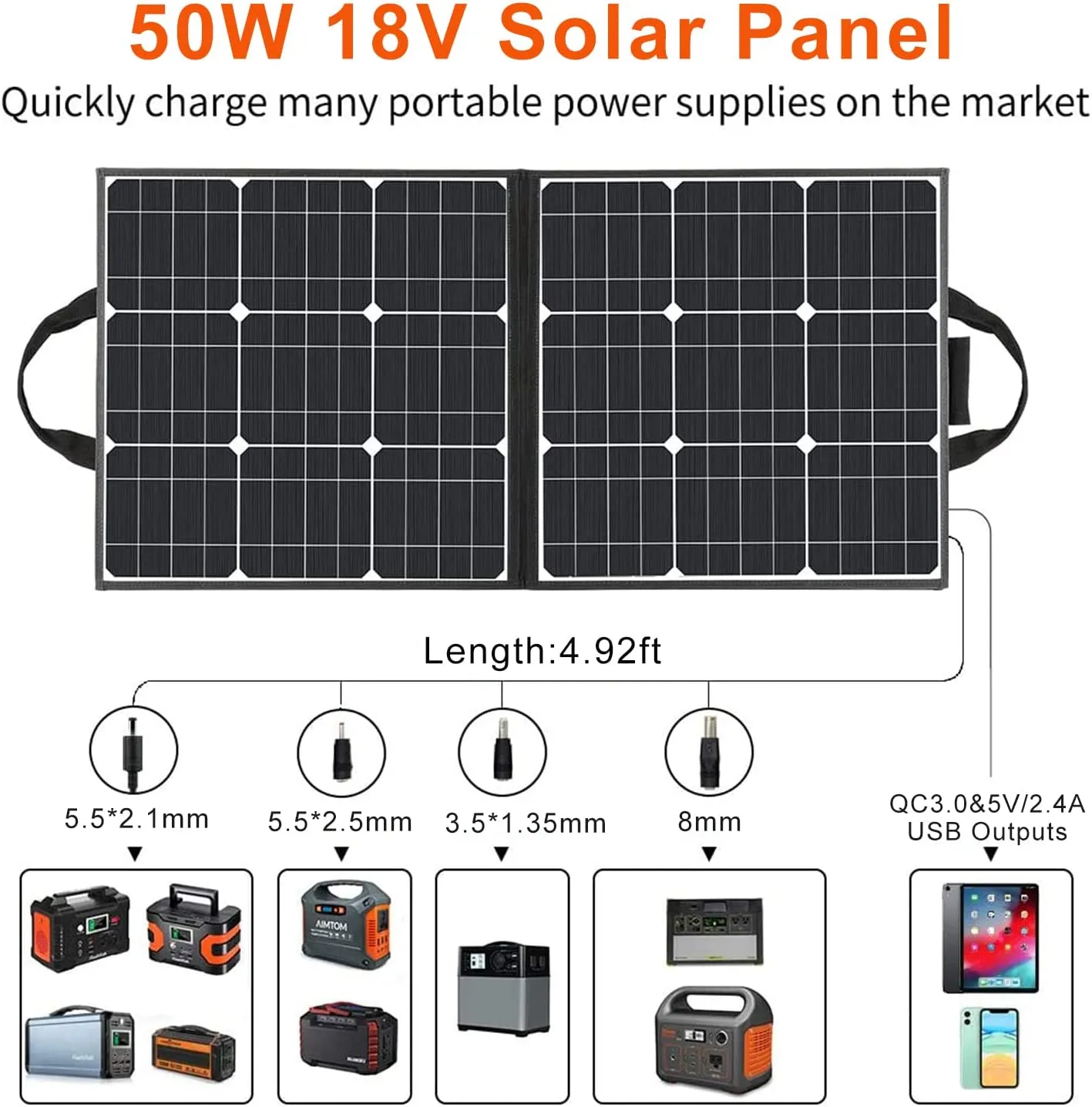 Flashfish 50W 18V Portable Solar Panel with 5V USB 18V DC Output