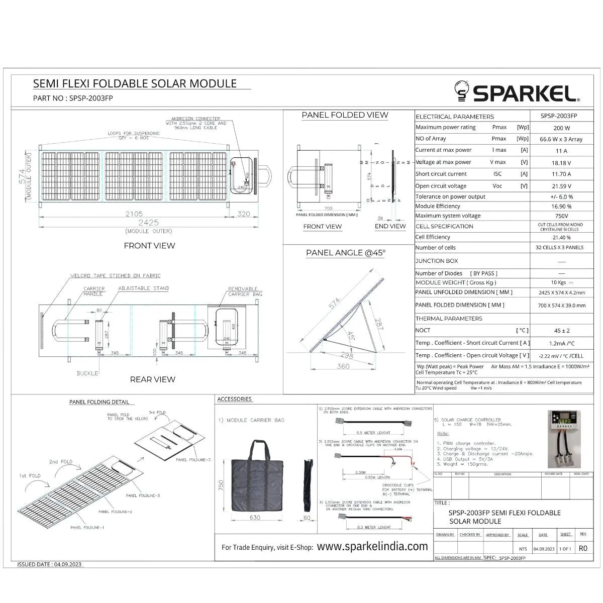 Foldable Solar Panel - 3 Folds with Stand - 12V 200W