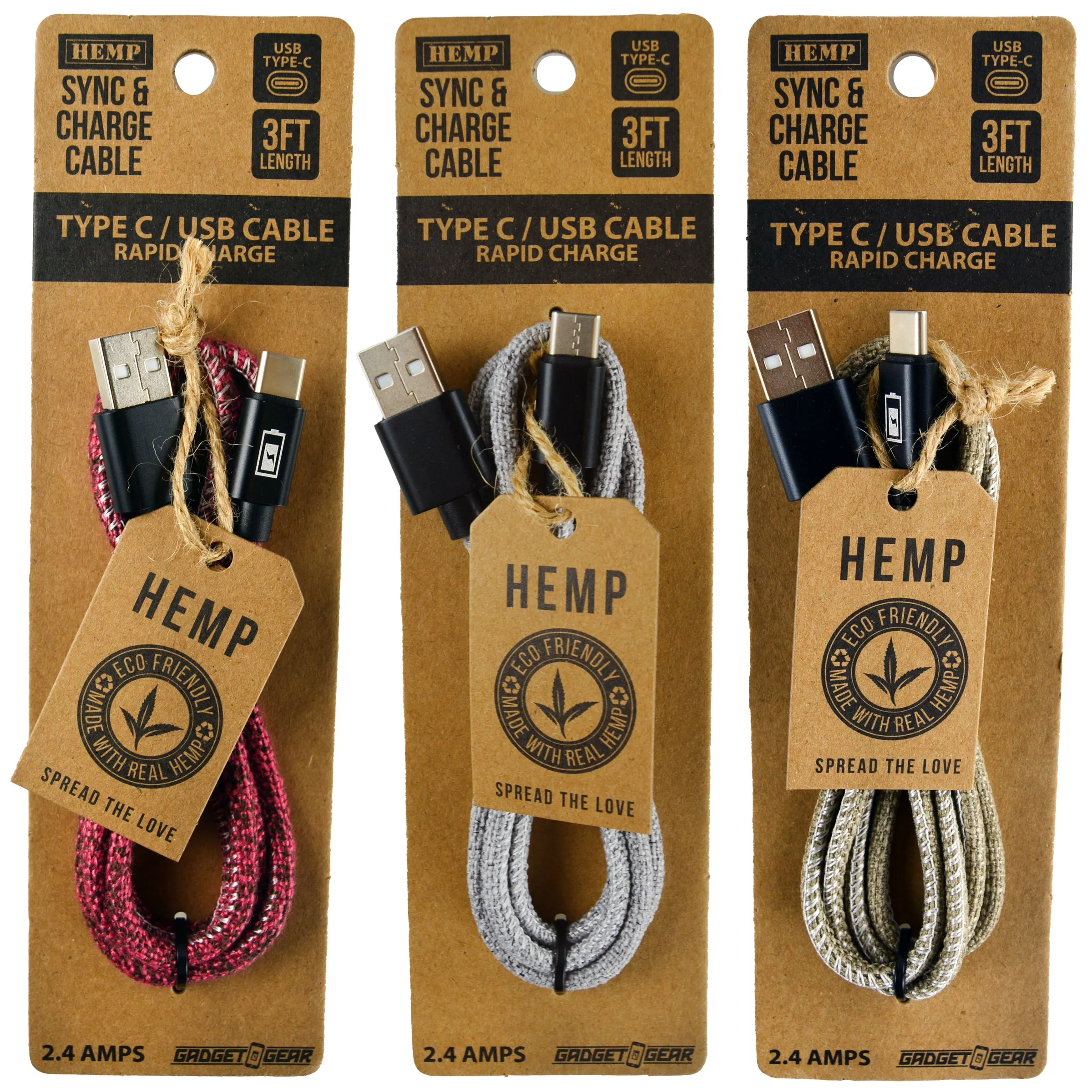 Hemp Charging Cable Assortment - 12 Pieces Per Retail Ready Display 88354