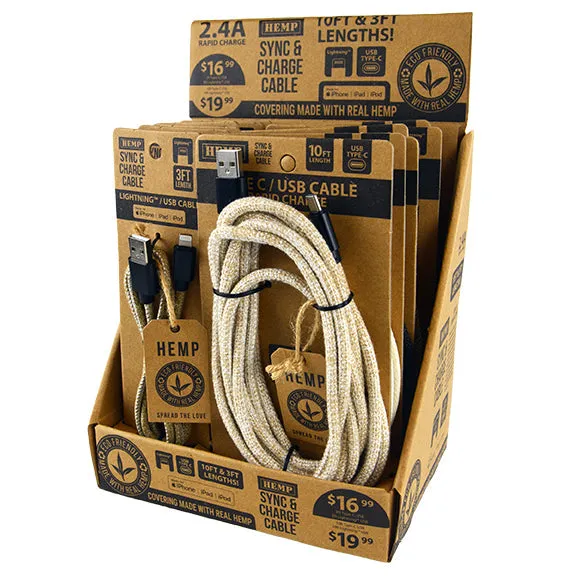 Hemp Charging Cable Assortment - 12 Pieces Per Retail Ready Display 88354