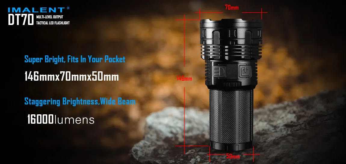 Imalent DT70 Flashlight - Ultra-Bright 16000 Lumen, Four 18650 Batteries, CREE XHP70 LED Technology