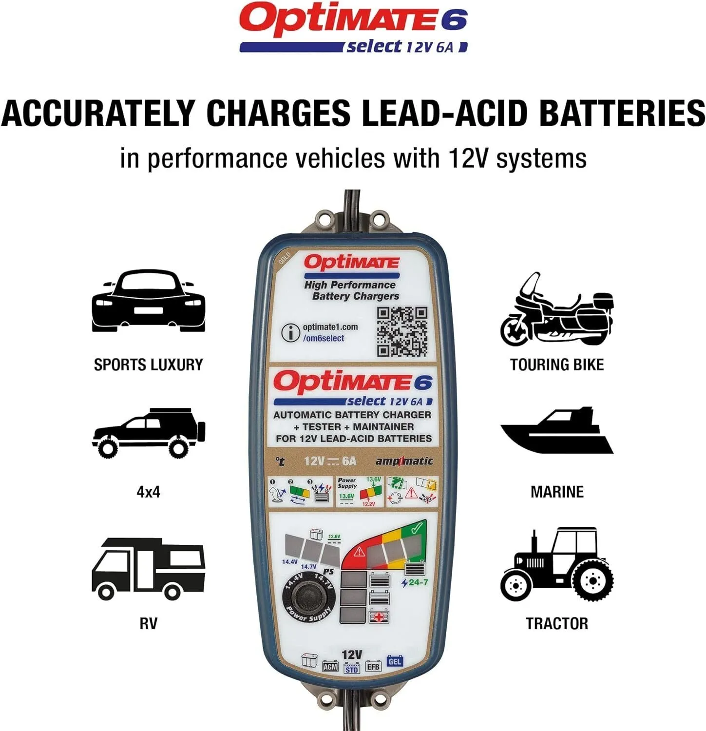 Optimate 6 Select - 12V 6A, TM-371, 9-Step Gold Series Battery Saving Charger