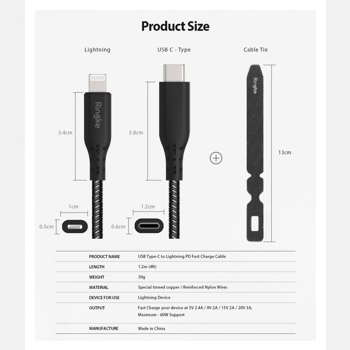 Ringke USB-C to Lighting Charging Cable (1.2m) Black