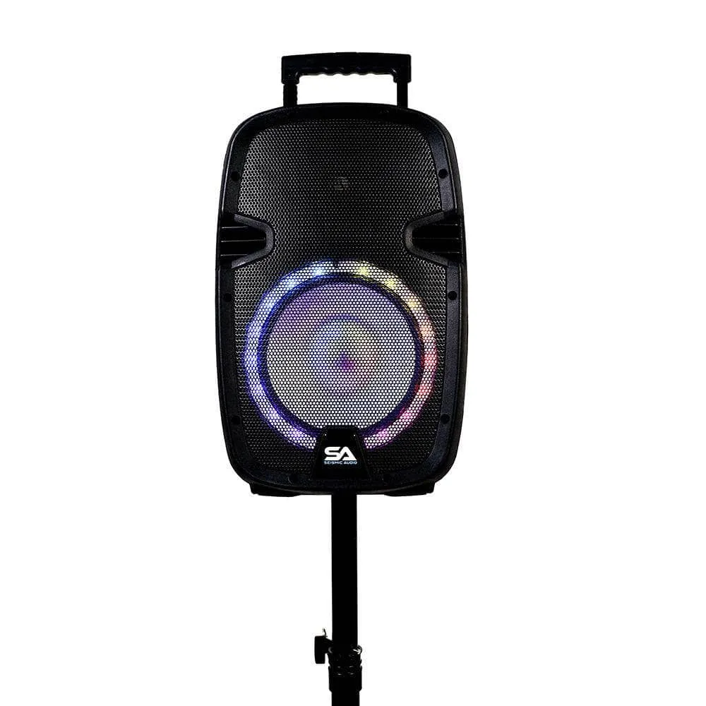 SA-KP10BAT - Powered 10 Inch DJ Karaoke Speaker with Stand - Rechargeable Battery, Bluetooth, LED Lights, 2 Wireless Microphones and Remote