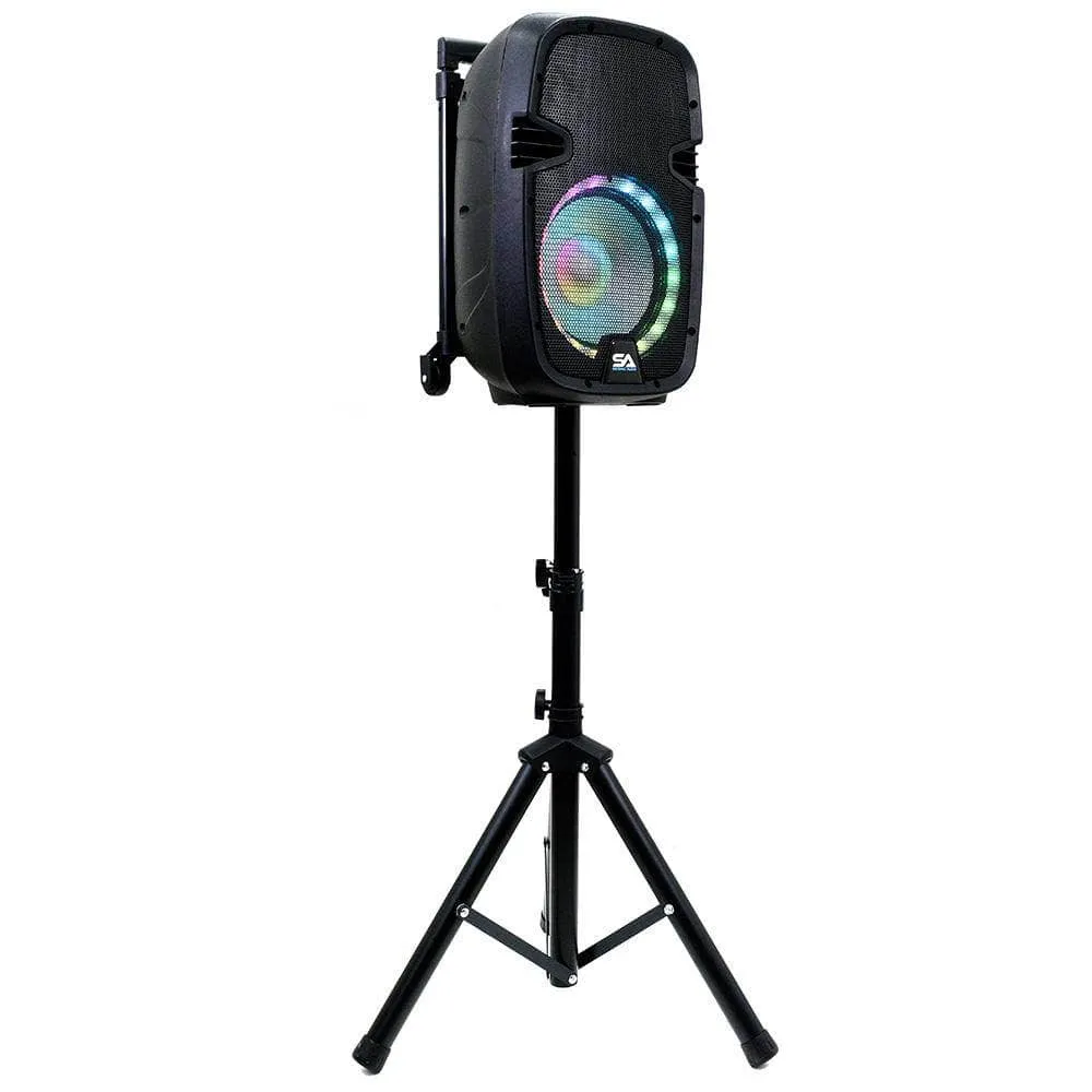 SA-KP10BAT - Powered 10 Inch DJ Karaoke Speaker with Stand - Rechargeable Battery, Bluetooth, LED Lights, 2 Wireless Microphones and Remote