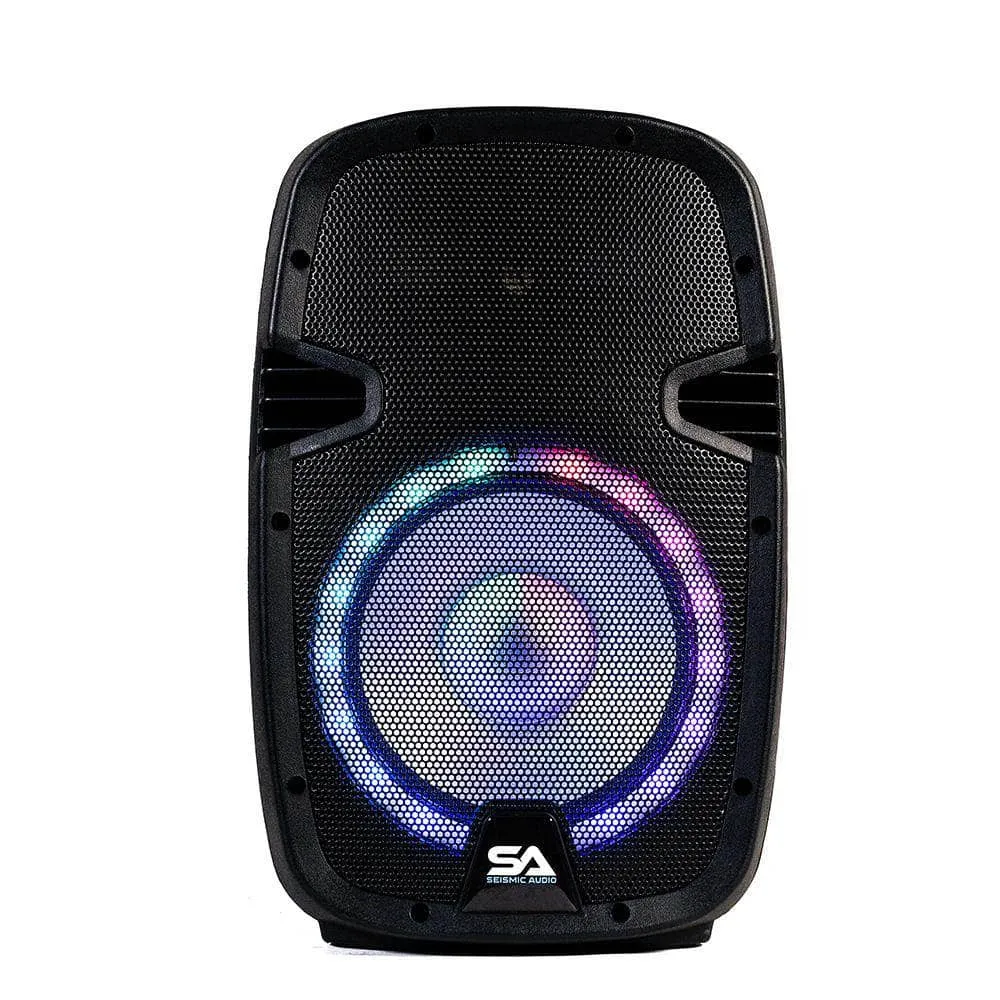 SA-KP10BAT - Powered 10 Inch DJ Karaoke Speaker with Stand - Rechargeable Battery, Bluetooth, LED Lights, 2 Wireless Microphones and Remote