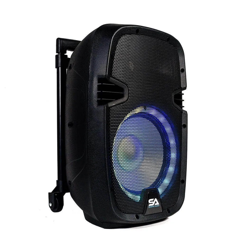 SA-KP10BAT - Powered 10 Inch DJ Karaoke Speaker with Stand - Rechargeable Battery, Bluetooth, LED Lights, 2 Wireless Microphones and Remote