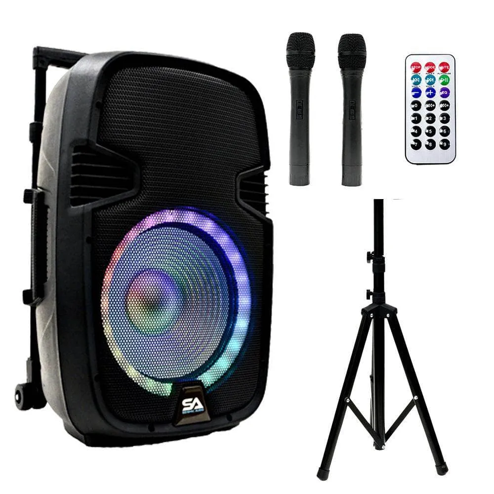 SA-KP10BAT - Powered 10 Inch DJ Karaoke Speaker with Stand - Rechargeable Battery, Bluetooth, LED Lights, 2 Wireless Microphones and Remote