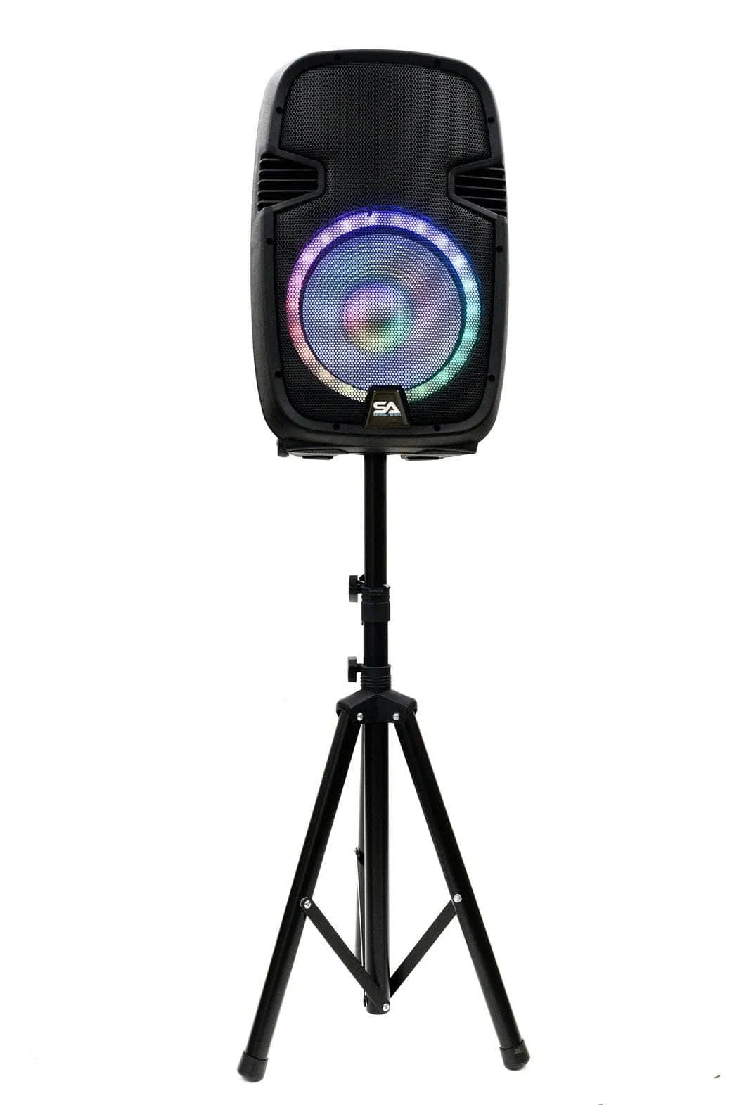 SA-KP12BAT - Powered 12 Inch DJ Karaoke Speaker with Stand - Rechargeable Battery, Bluetooth, LED Lights, 2 Wireless Microphones and Remote