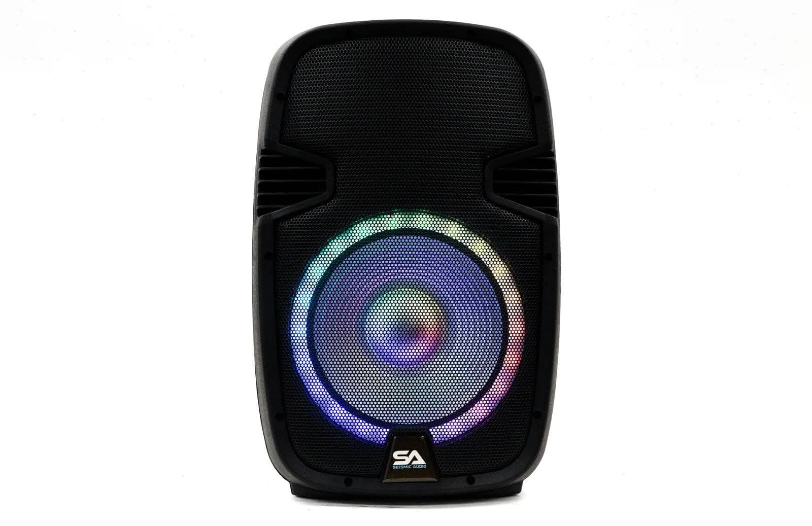 SA-KP12BAT - Powered 12 Inch DJ Karaoke Speaker with Stand - Rechargeable Battery, Bluetooth, LED Lights, 2 Wireless Microphones and Remote