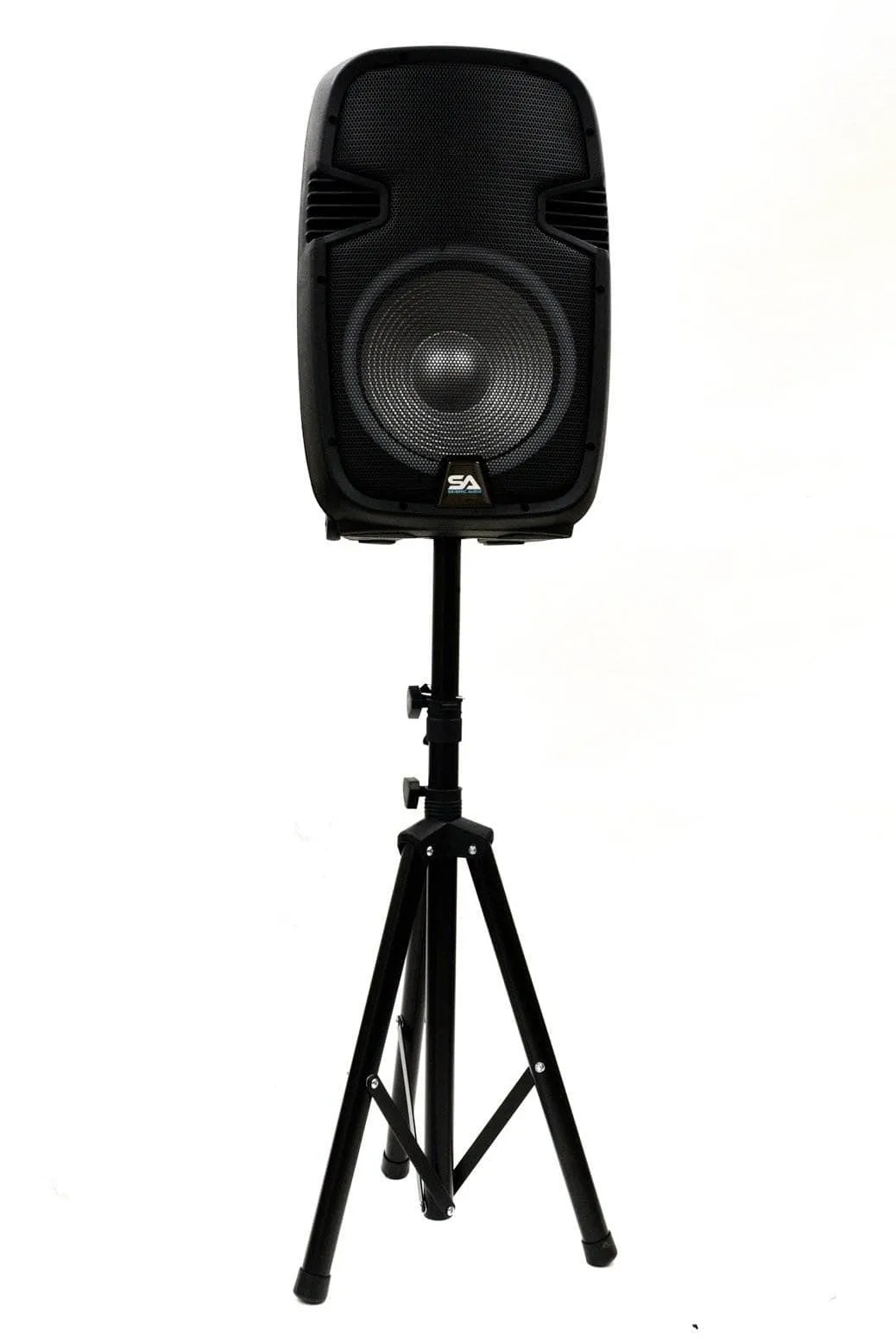 SA-KP12BAT - Powered 12 Inch DJ Karaoke Speaker with Stand - Rechargeable Battery, Bluetooth, LED Lights, 2 Wireless Microphones and Remote