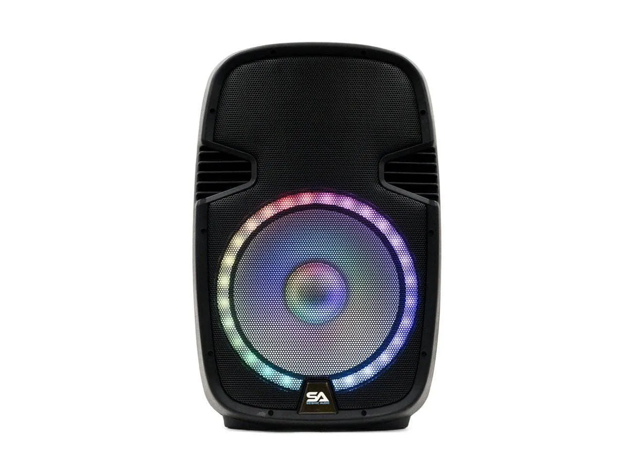 SA-KP15BAT - Powered 15 Inch DJ Karaoke Speaker with Stand - Rechargeable Battery, Bluetooth, LED Lights, 2 Wireless Microphones and Remote