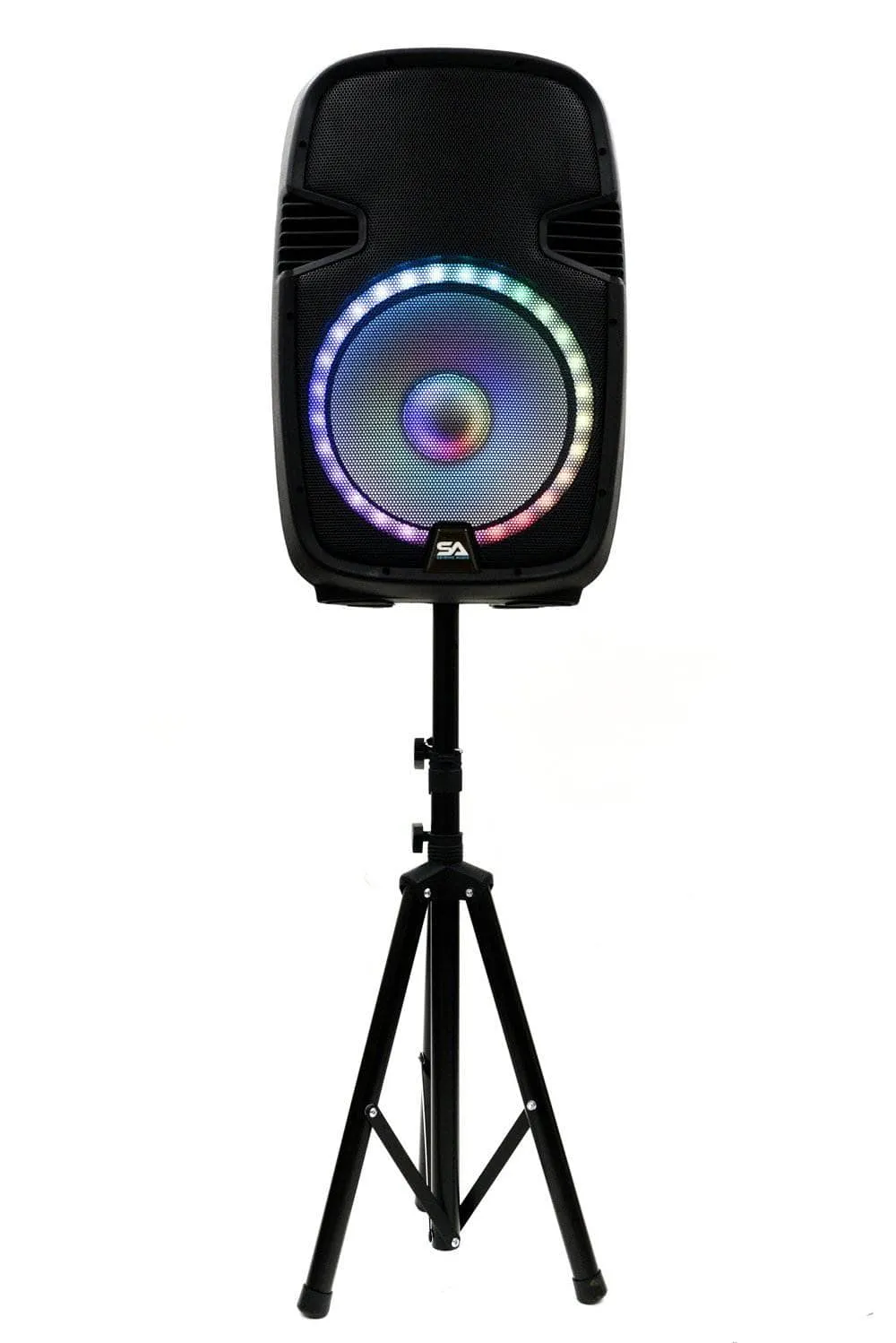 SA-KP15BAT - Powered 15 Inch DJ Karaoke Speaker with Stand - Rechargeable Battery, Bluetooth, LED Lights, 2 Wireless Microphones and Remote