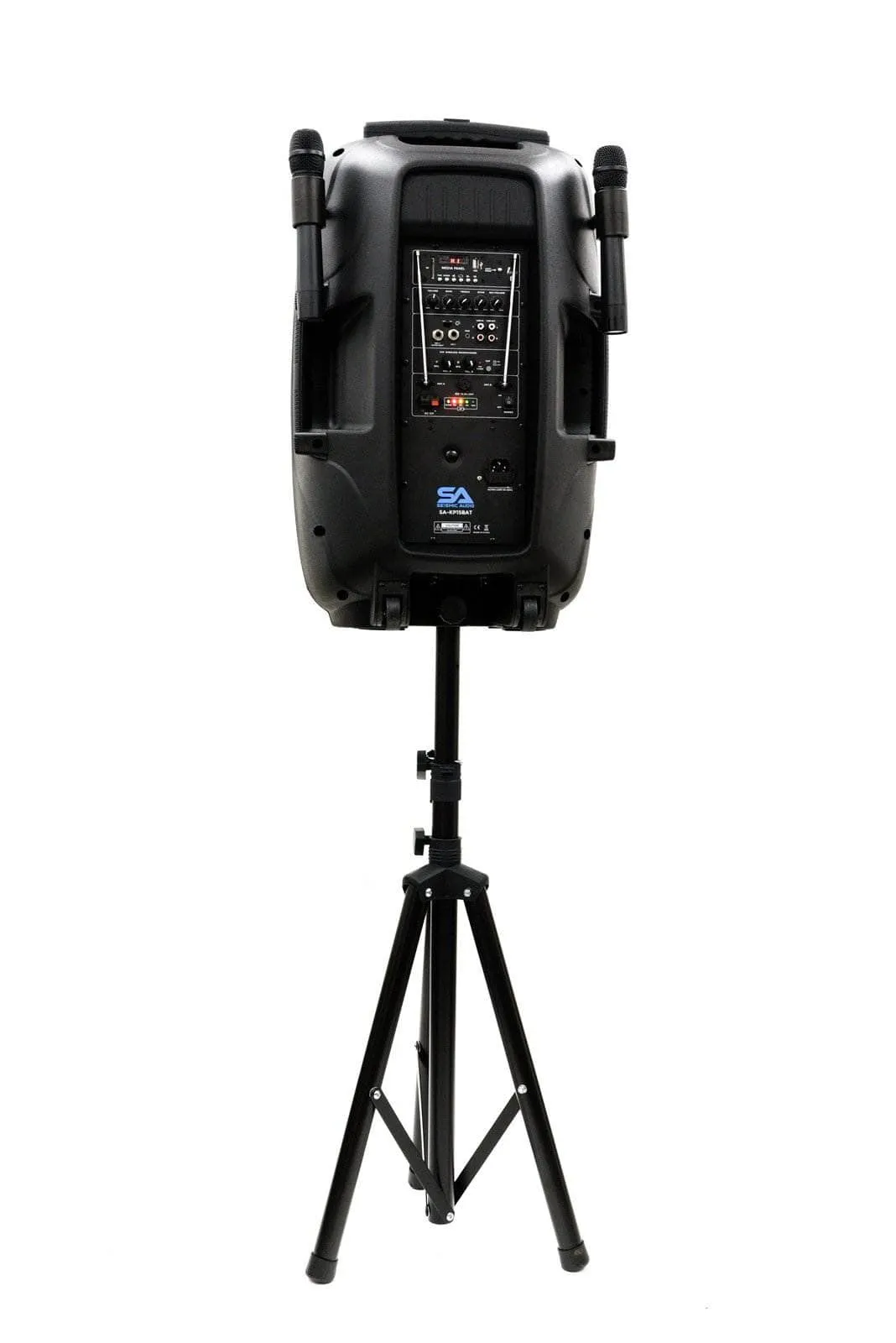 SA-KP15BAT - Powered 15 Inch DJ Karaoke Speaker with Stand - Rechargeable Battery, Bluetooth, LED Lights, 2 Wireless Microphones and Remote