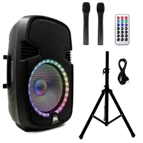 SA-KP15BAT - Powered 15 Inch DJ Karaoke Speaker with Stand - Rechargeable Battery, Bluetooth, LED Lights, 2 Wireless Microphones and Remote