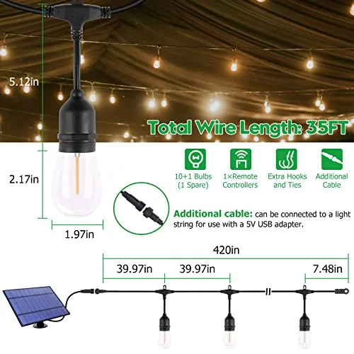 TDLOL 35FT Outdoor String Lights Waterproof, Solar Powered, Patio Lights with 10 Shatterproof Sockets, IP65 Commercial Grade LED for Outside