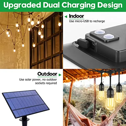 TDLOL 35FT Outdoor String Lights Waterproof, Solar Powered, Patio Lights with 10 Shatterproof Sockets, IP65 Commercial Grade LED for Outside