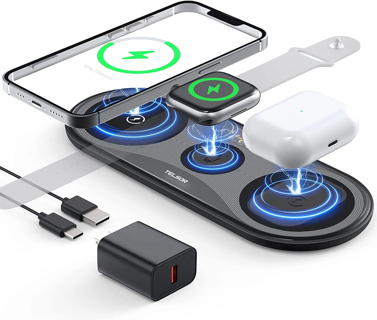 Wireless Charging Pad,TELSOR Portable 3 in 1 Wireless Charger Station for Multiple Devices,Ultra-Slim Travel Charging Pad for Apple Watch 7/6/5/4/3/2,iPhone 14 13 12 Pro& AirPods 3/2/Pro